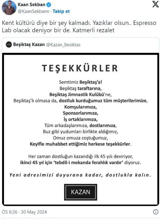 Beşiktaş Kazan işletmesinden yapılan açıklamada şöyle denildi: 