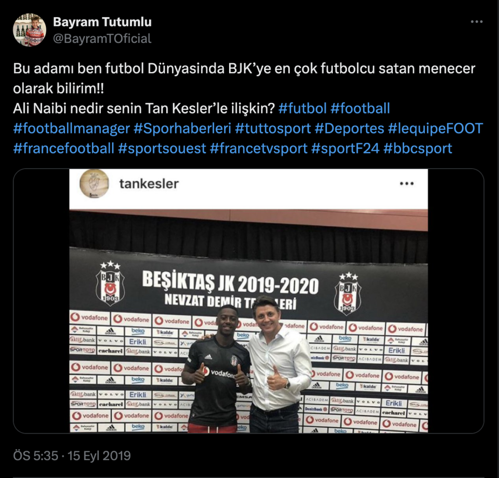  Bayram Tutumlu sosyal medya üzerinden Beşiktaş sportif direktörü Ali Naibi ve Galatasaray Başkanı Mehmet Cengiz ile ilgili ağır ithamlarda bulundu.