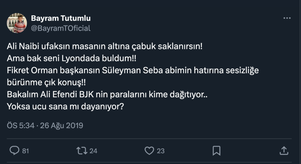 Ali Naibi ufaksın masanın altına çabuk saklanırsın! Ama bak seni Lyondada buldum!! Fikret Orman başkansın Süleyman Seba abimin hatırına sesizliğe bürünme çık konuş!! Bakalım Ali Efendi BJK nin paralarını kime dağıtıyor.. Yoksa ucu sana mı dayanıyor?