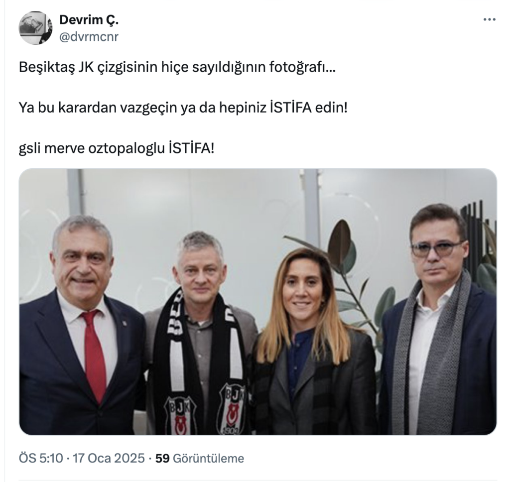 " Beşiktaş JK çizgisinin hiçe sayıldığının fotoğrafı... Ya bu karardan vazgeçin ya da hepiniz İSTİFA edin! gsli Merve Öztopaloğlu İSTİFA!" paylaşımları yaptılar.