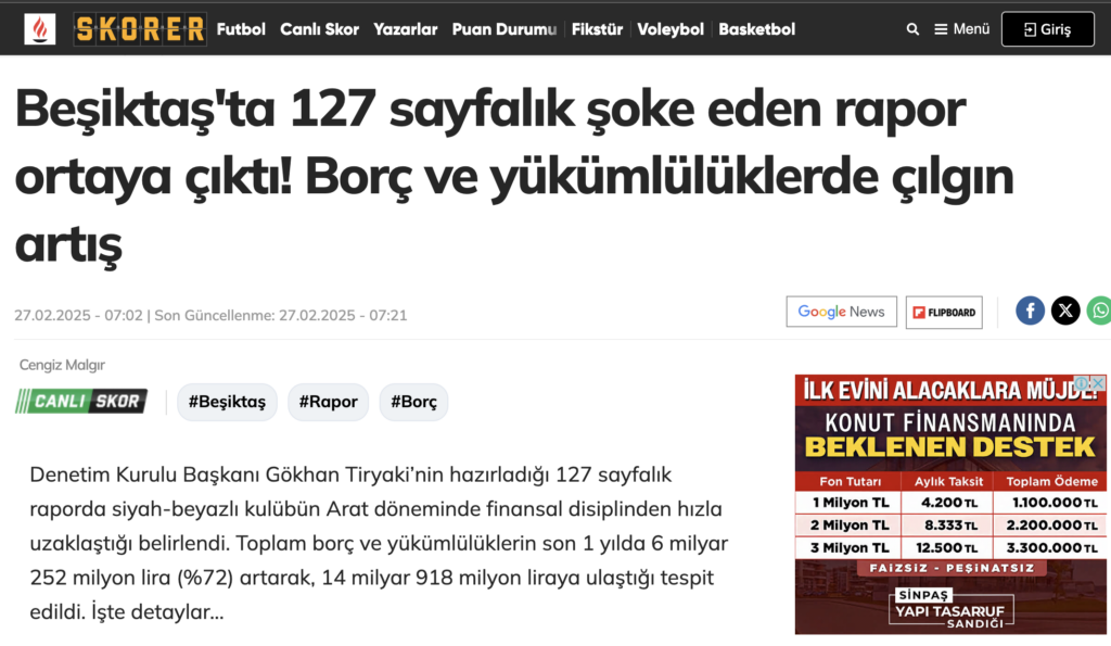 Milliyet : Beşiktaş'ta 127 sayfalık şoke eden rapor ortaya çıktı! Borç ve yükümlülüklerde çılgın artış 