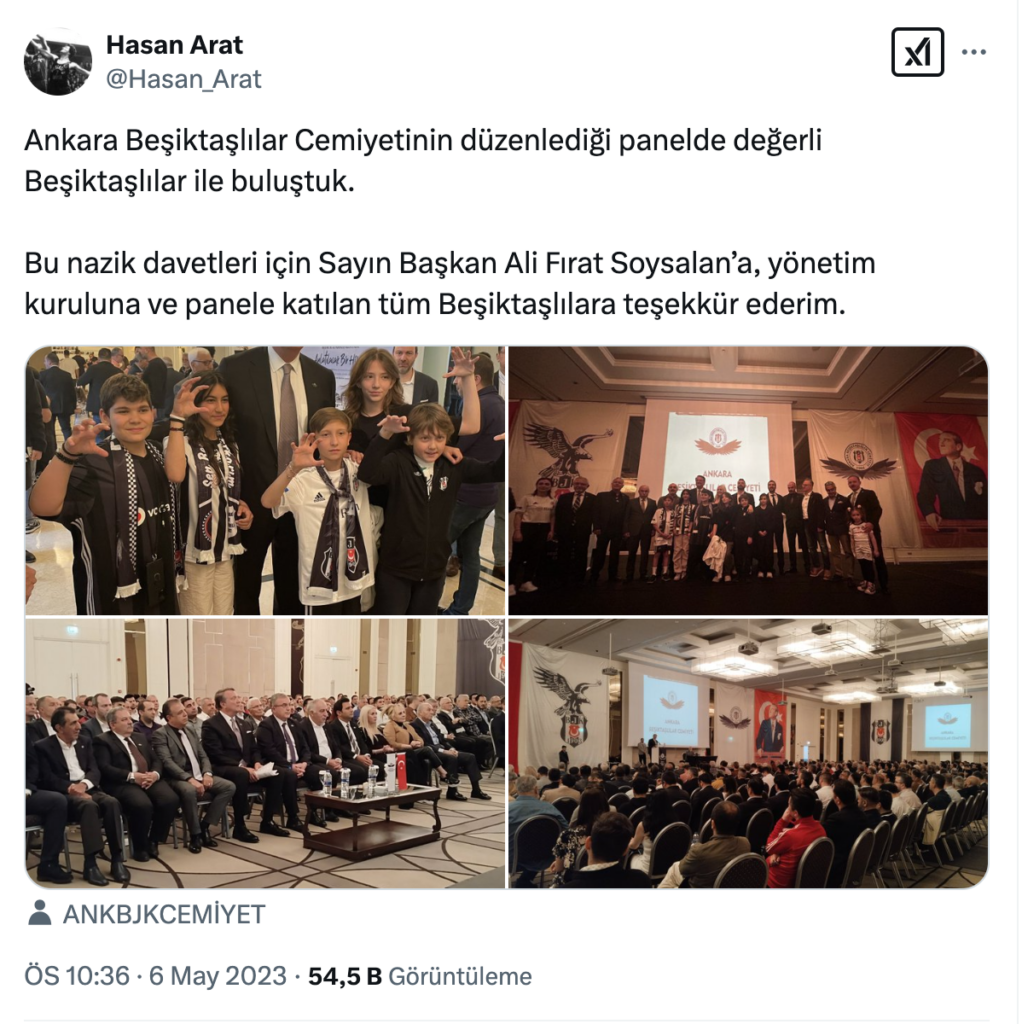 Hasan Arat: Sayın Başkan Ali Fırat Soysalan’a, yönetim kuruluna ve panele katılan tüm Beşiktaşlılara teşekkür ederim.