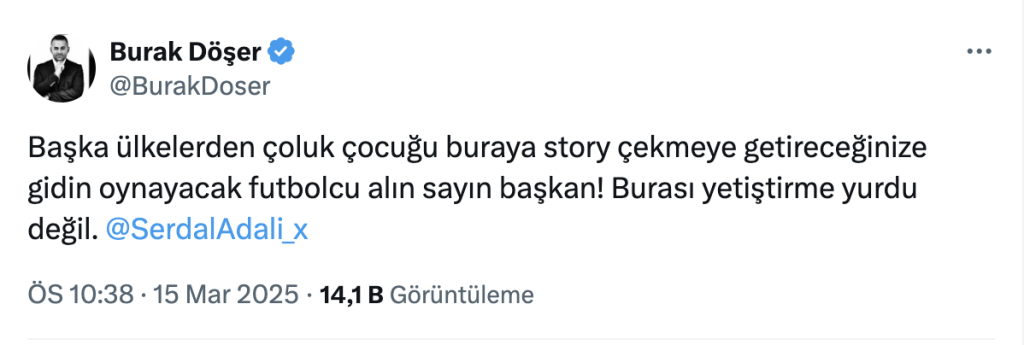 Başka ülkelerden çoluk çocuğu buraya story çekmeye getireceğinize gidin oynayacak futbolcu alın sayın başkan! Burası yetiştirme yurdu değil. @SerdalAdali_x